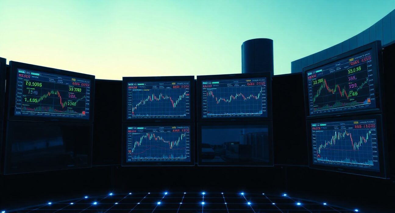 Digital trading screens displaying stock and commodity indices in a dark data center environment