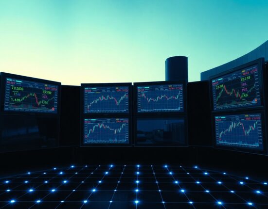Digital trading screens displaying stock and commodity indices in a dark data center environment