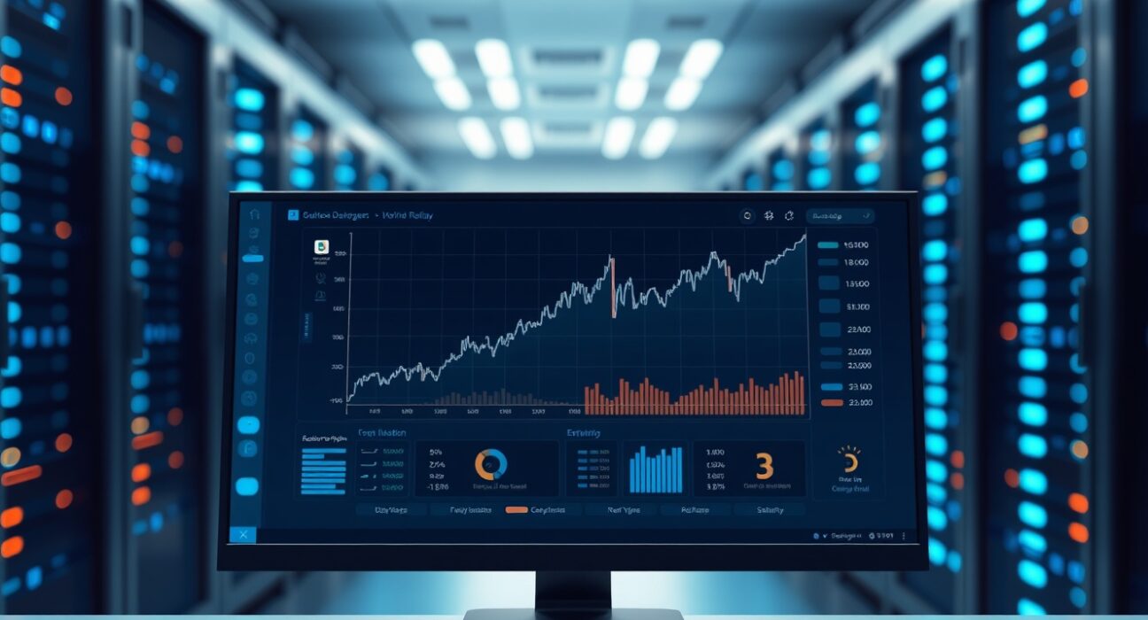 Digital dashboard showing cryptocurrency price chart with recovery after an outage in a server room