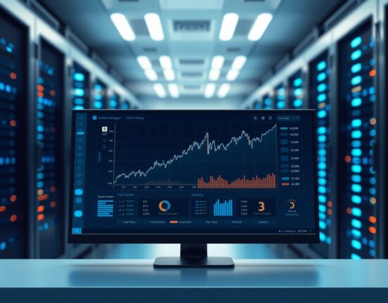 Digital dashboard showing cryptocurrency price chart with recovery after an outage in a server room