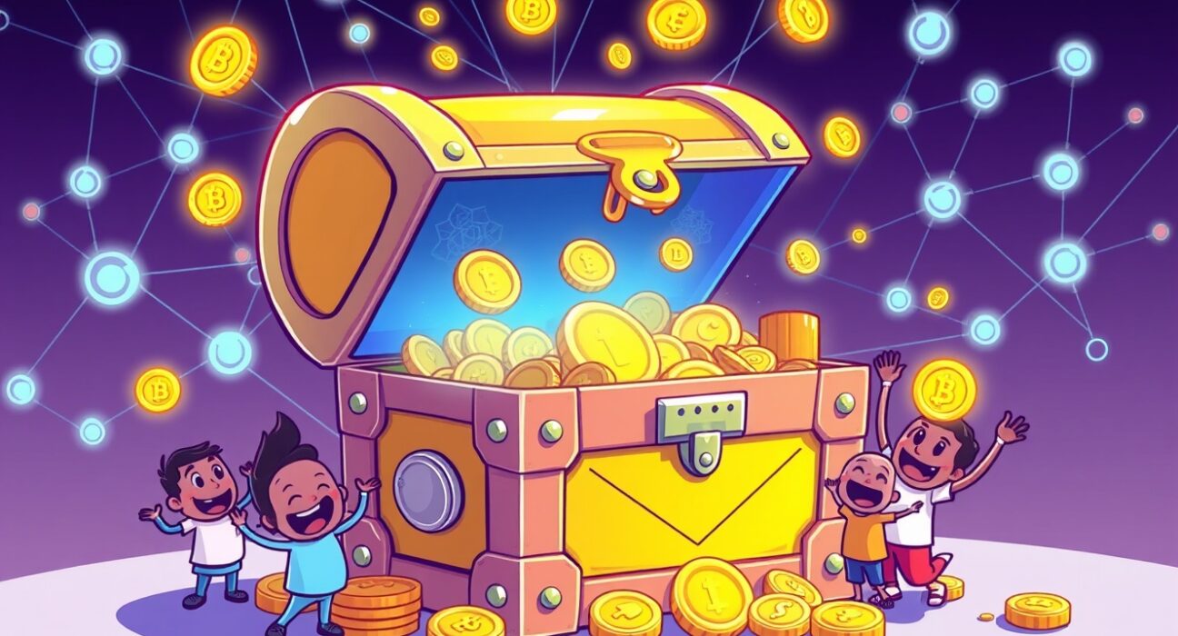 Pyth Network's PYTH buybacks program illustrated as a community treasure chest boosting token value.