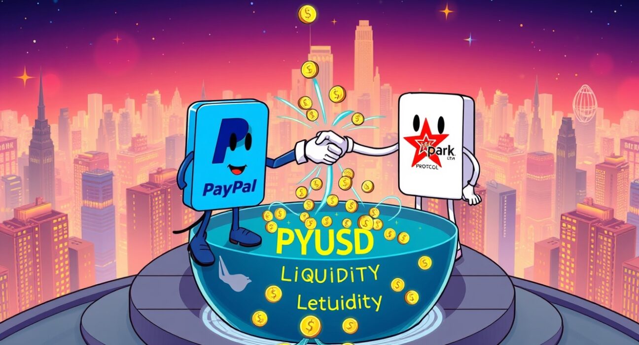 A cartoon illustration showing PayPal and Spark logos intertwined, symbolizing their partnership to enhance PYUSD liquidity within a DeFi ecosystem.