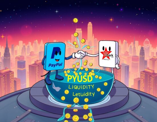 A cartoon illustration showing PayPal and Spark logos intertwined, symbolizing their partnership to enhance PYUSD liquidity within a DeFi ecosystem.