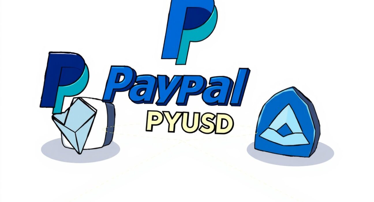 A cartoon illustration showing the PYUSD stablecoin expanding its reach across the Tron, Avalanche, and Sei blockchain networks, symbolizing broader accessibility.