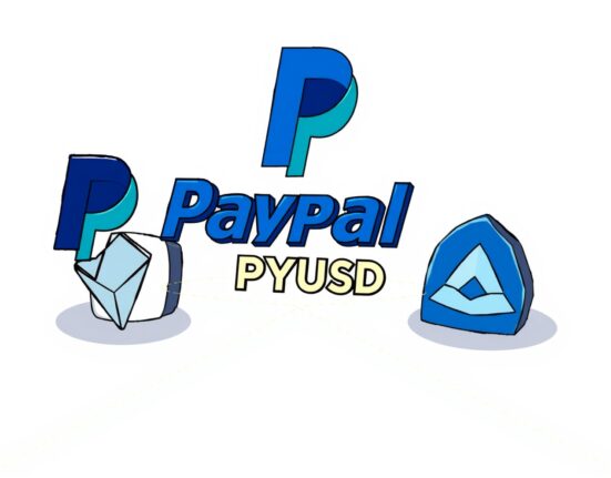 A cartoon illustration showing the PYUSD stablecoin expanding its reach across the Tron, Avalanche, and Sei blockchain networks, symbolizing broader accessibility.
