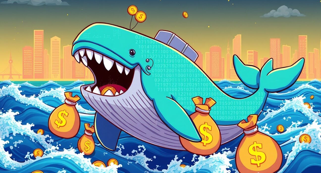Massive PYUSD transaction represented by cartoon whale moving through blockchain waves