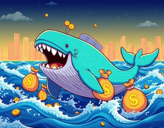 Massive PYUSD transaction represented by cartoon whale moving through blockchain waves