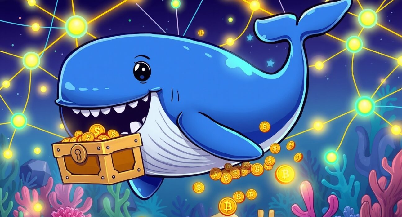 Cartoon whale carrying treasure chest in massive PYUSD transfer through blockchain network