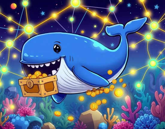 Cartoon whale carrying treasure chest in massive PYUSD transfer through blockchain network