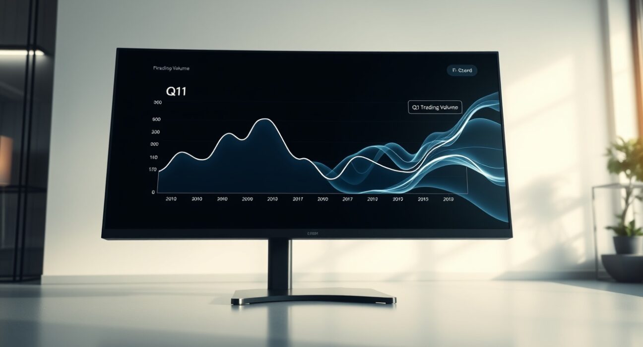 Data visualization showing the significant Q1 drop in cryptocurrency trading volume on a financial dashboard.
