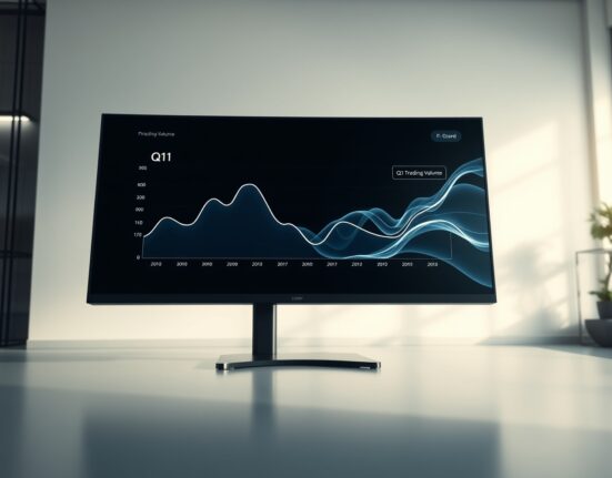 Data visualization showing the significant Q1 drop in cryptocurrency trading volume on a financial dashboard.