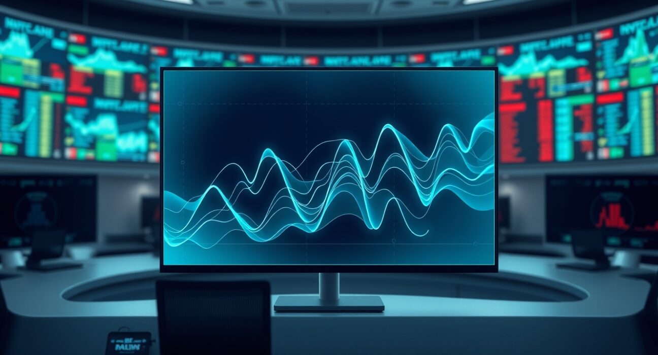 Data visualization of high cryptocurrency trading volume on a professional trading floor display.