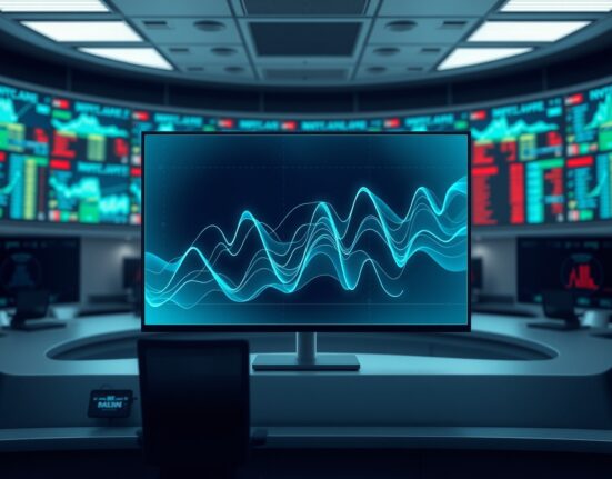 Data visualization of high cryptocurrency trading volume on a professional trading floor display.
