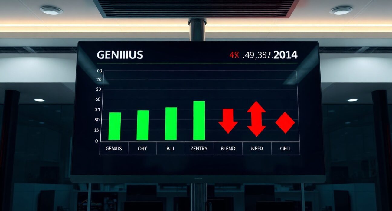 Financial dashboard showing bar chart of cryptocurrency token market cap performance with green and red arrows
