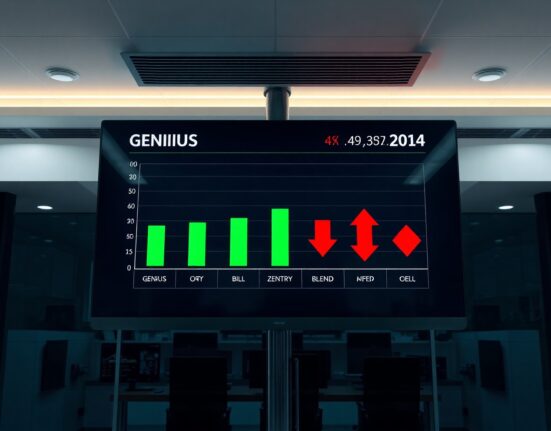 Financial dashboard showing bar chart of cryptocurrency token market cap performance with green and red arrows