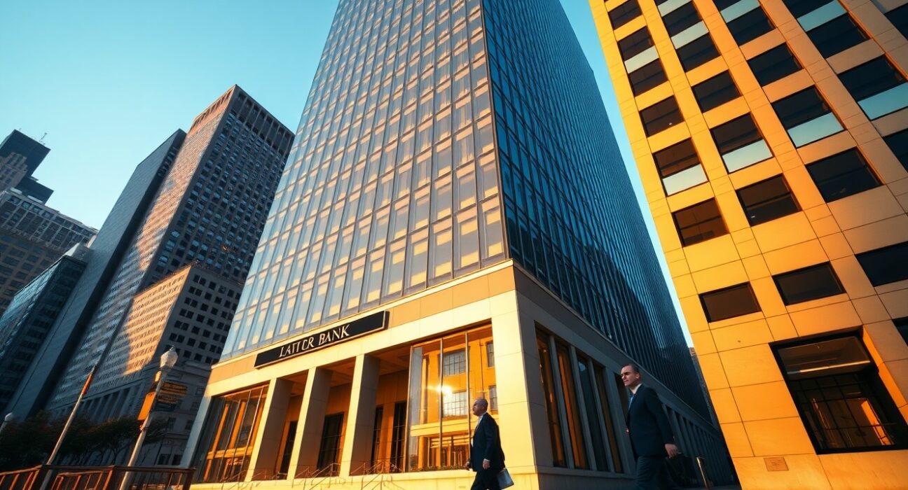 Exterior of a major bank headquarters in a financial district during golden hour, representing the start of Q2 earnings season.
