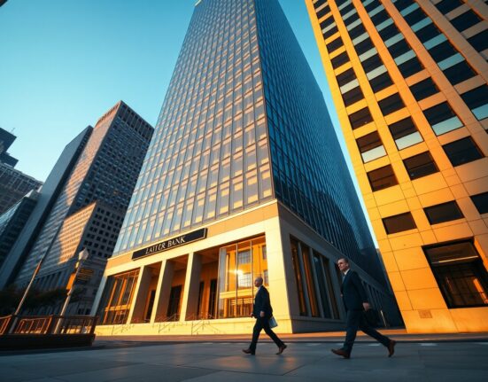 Exterior of a major bank headquarters in a financial district during golden hour, representing the start of Q2 earnings season.