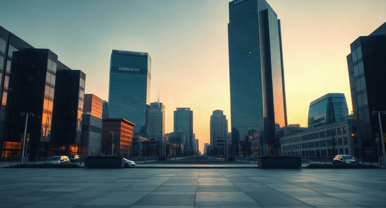 Financial district skyline representing Palantir and Microsoft Q2 earnings performance
