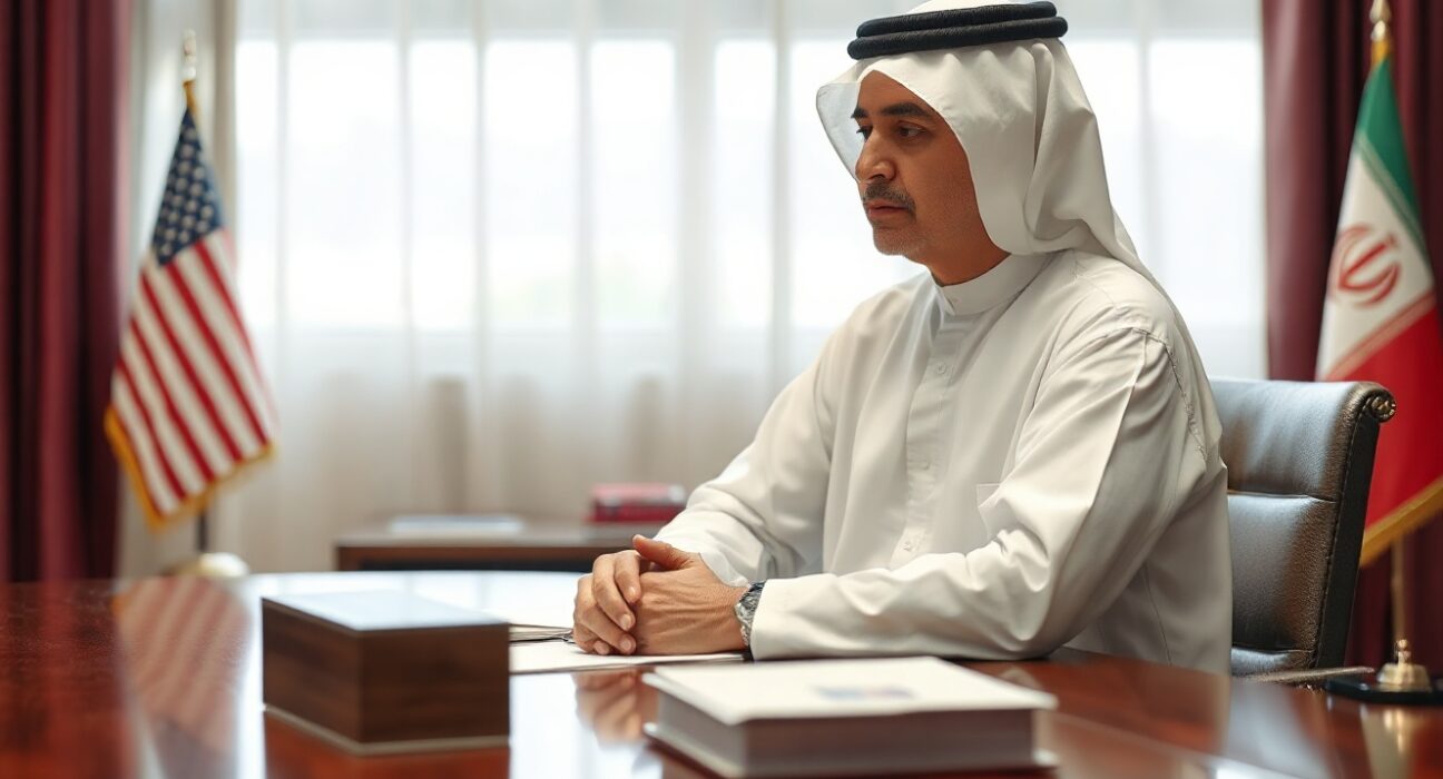 Qatari diplomat at a meeting table, representing mediation efforts between the US and Iran