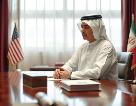 Qatari diplomat at a meeting table, representing mediation efforts between the US and Iran