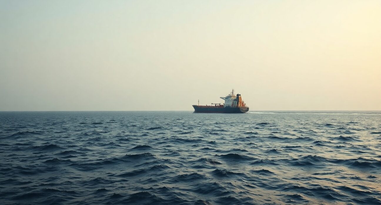 Cargo ship sailing in the Gulf under overcast sky, representing maritime trade and regional tensions.
