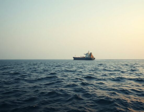 Cargo ship sailing in the Gulf under overcast sky, representing maritime trade and regional tensions.