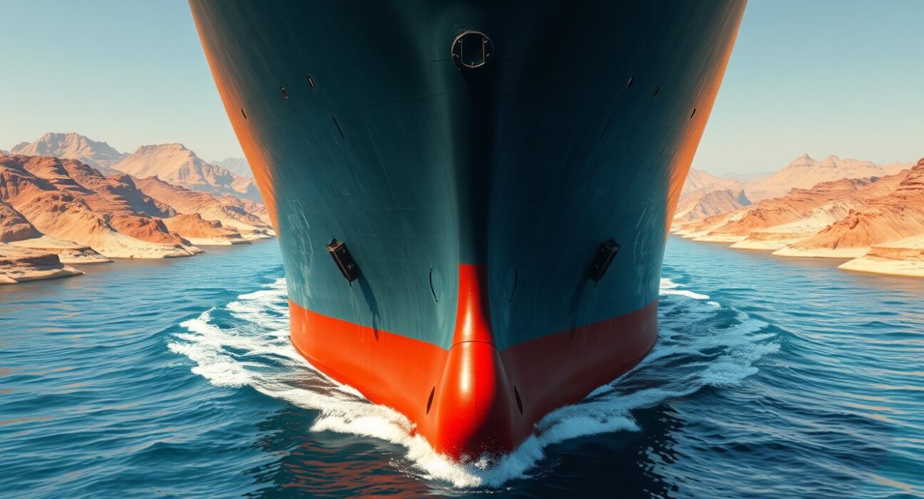 LNG tanker navigating the strategic Strait of Hormuz waterway critical to Qatar's energy exports.