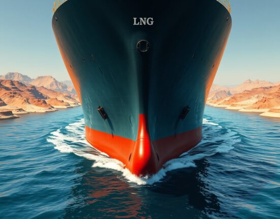 LNG tanker navigating the strategic Strait of Hormuz waterway critical to Qatar's energy exports.