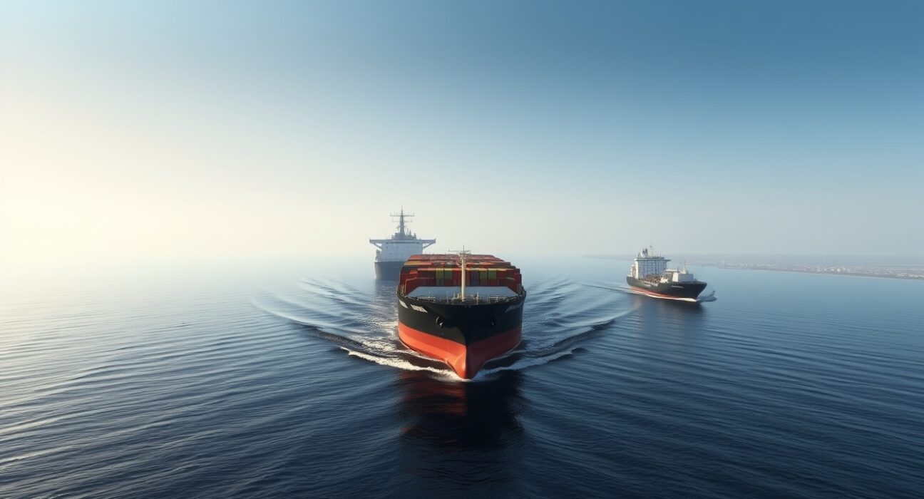 Oil tanker and container ship in the Strait of Hormuz under hazy morning light