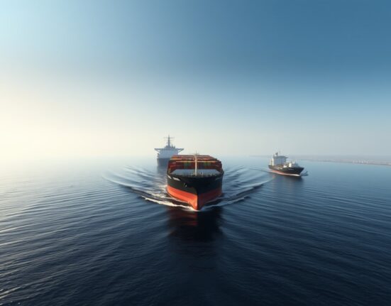 Oil tanker and container ship in the Strait of Hormuz under hazy morning light