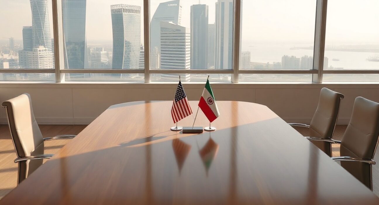 Diplomatic meeting room in Doha with US, Iran, and Qatar flags on a conference table, representing mediation talks.