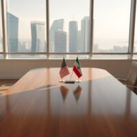 Diplomatic meeting room in Doha with US, Iran, and Qatar flags on a conference table, representing mediation talks.