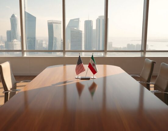 Diplomatic meeting room in Doha with US, Iran, and Qatar flags on a conference table, representing mediation talks.