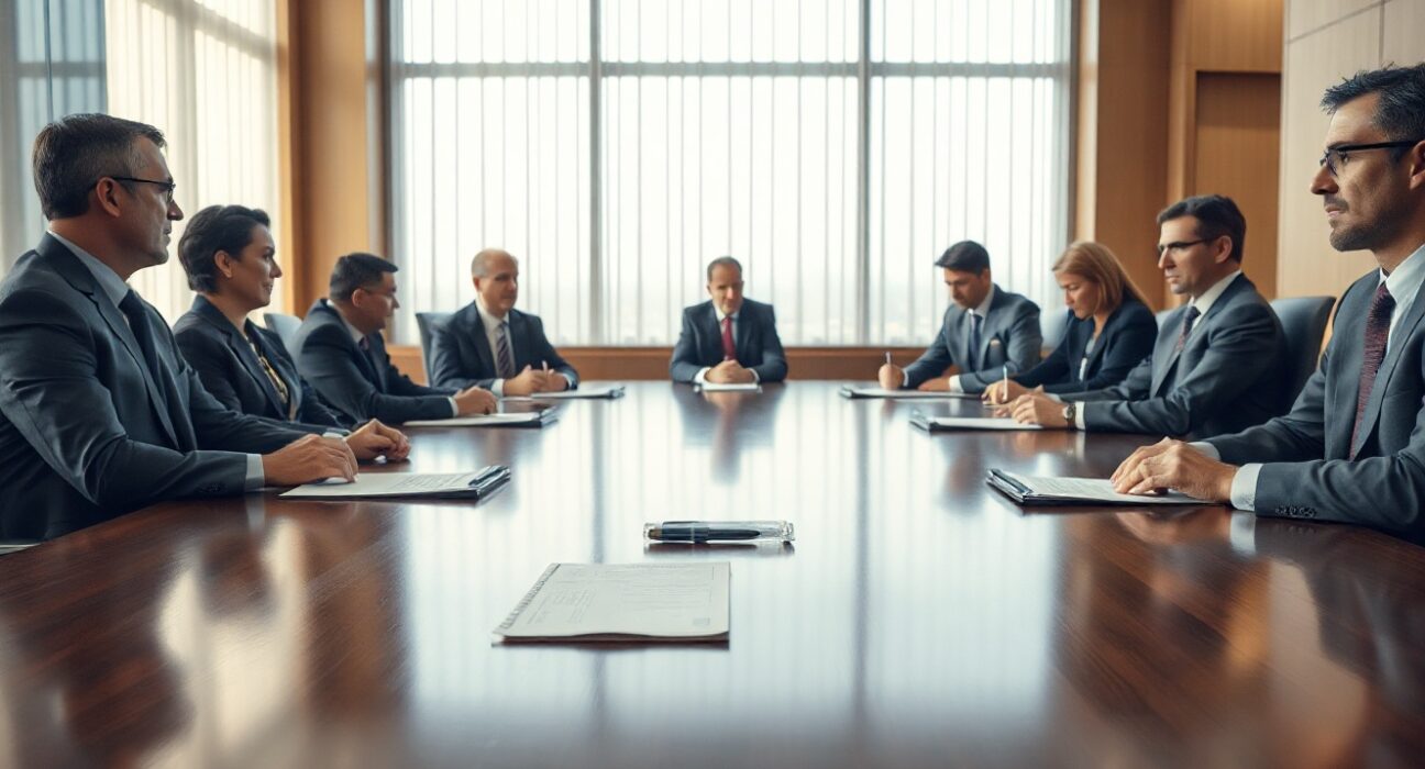 Diplomatic negotiation scene with documents and blurred officials in a modern meeting room