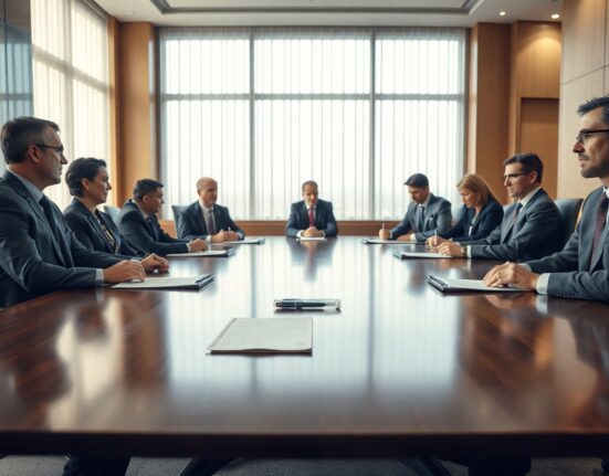 Diplomatic negotiation scene with documents and blurred officials in a modern meeting room
