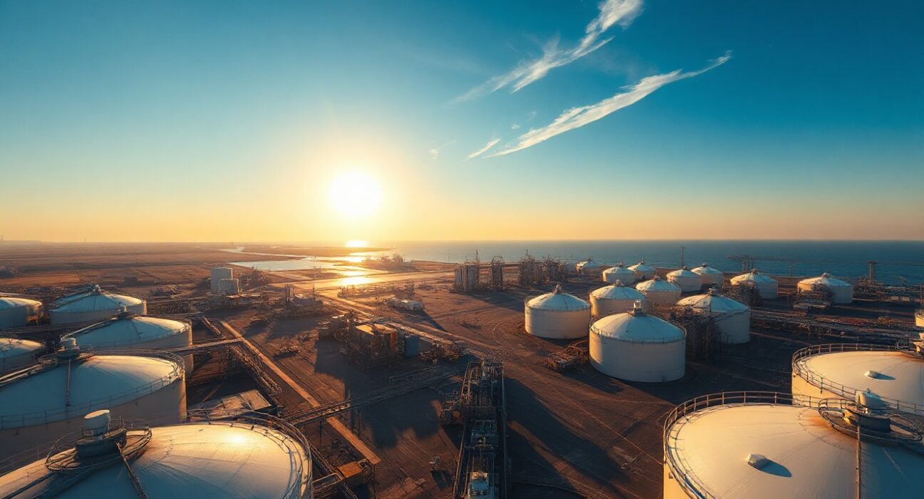 Aerial view of Qatar's Ras Laffan LNG terminal with storage tanks and a docked vessel at sunset