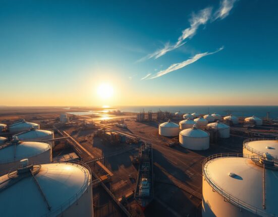Aerial view of Qatar's Ras Laffan LNG terminal with storage tanks and a docked vessel at sunset