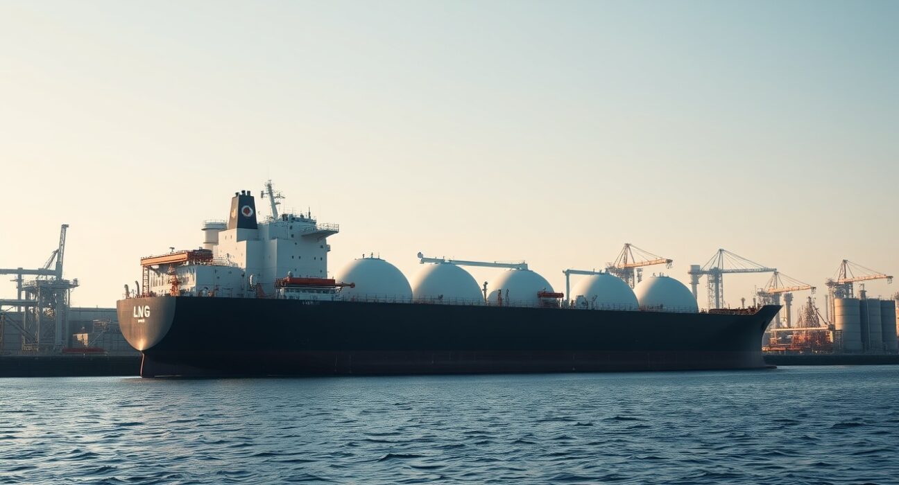 LNG carrier at port symbolizing Qatar's critical role in global natural gas supply chains and market stability.
