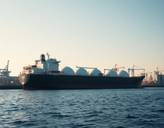 LNG carrier at port symbolizing Qatar's critical role in global natural gas supply chains and market stability.