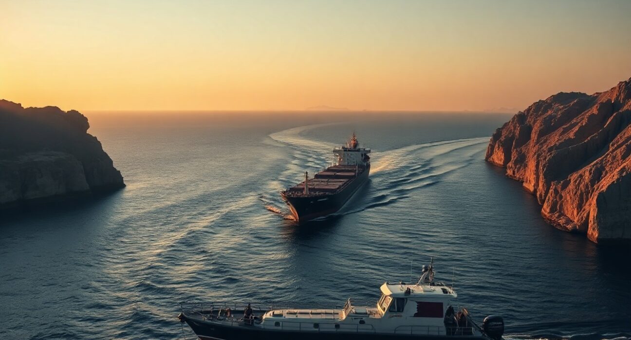 Ships navigating the Strait of Hormuz at sunrise with patrol boat in foreground
