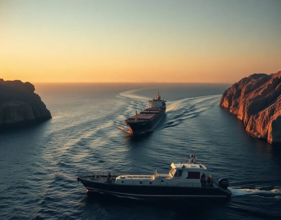 Ships navigating the Strait of Hormuz at sunrise with patrol boat in foreground