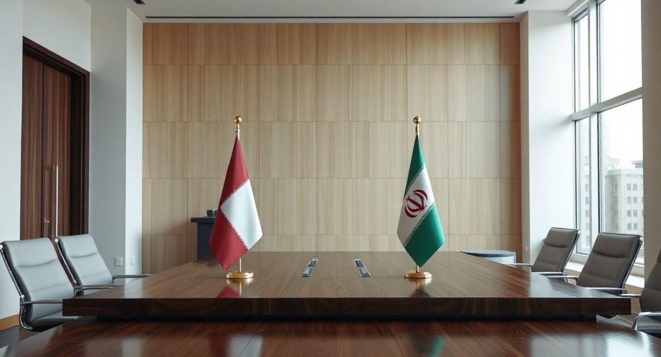 Flags of Qatar, Oman, and Iran on a table in a diplomatic meeting room.