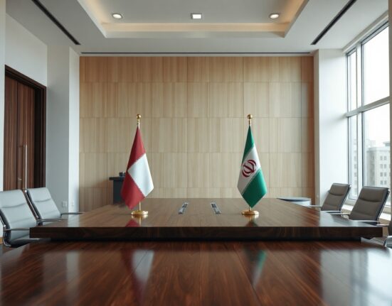 Flags of Qatar, Oman, and Iran on a table in a diplomatic meeting room.