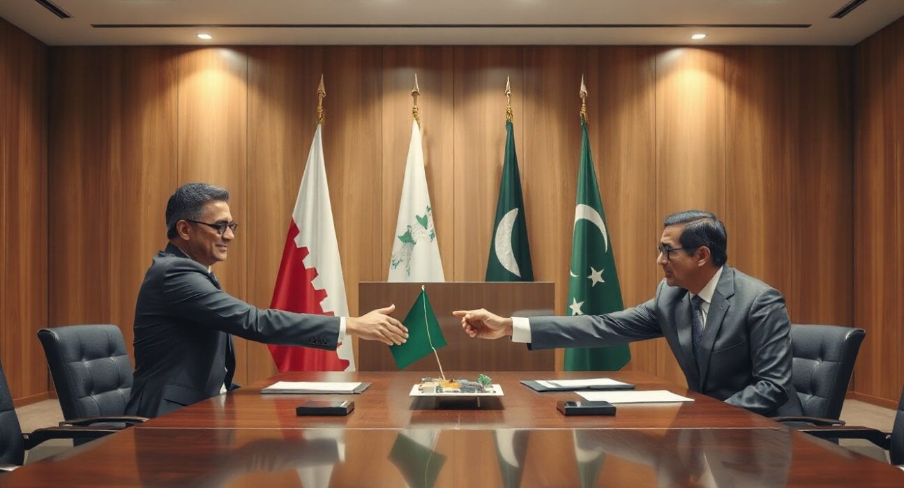 Qatari and Pakistani officials shaking hands at a high-level committee meeting with national flags in background