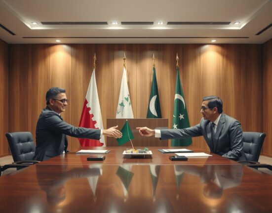 Qatari and Pakistani officials shaking hands at a high-level committee meeting with national flags in background