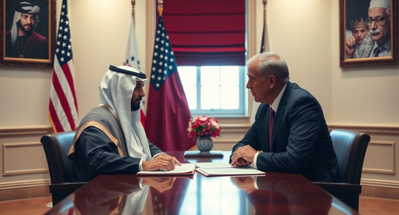Qatari and US officials in a diplomatic meeting room discussing potential US-Iran agreement