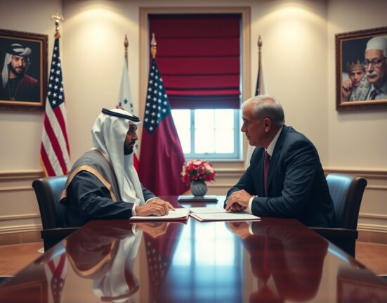 Qatari and US officials in a diplomatic meeting room discussing potential US-Iran agreement