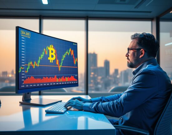 Financial analyst reviewing Bitcoin price chart near $84,000 resistance level