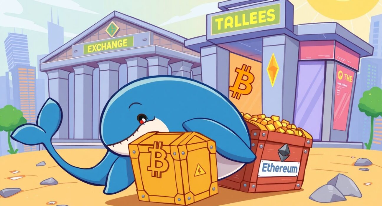 Cartoon illustration of a QCP Capital deposit as a whale moving crypto treasure to an exchange, symbolizing a major market transfer.