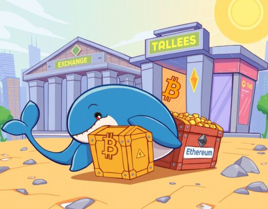 Cartoon illustration of a QCP Capital deposit as a whale moving crypto treasure to an exchange, symbolizing a major market transfer.